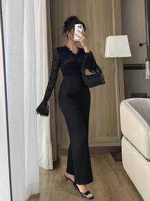 Chiquease 女士 V 领蕾丝拼布喇叭袖阔腿优雅连身裤 - 黑色 - 查看 1