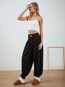 SHEIN EZwear Winter Bow Decor Black Knit Gathering Tummy Control  Loose Bound Feet Lantern Jogger Pants - Black - View 6