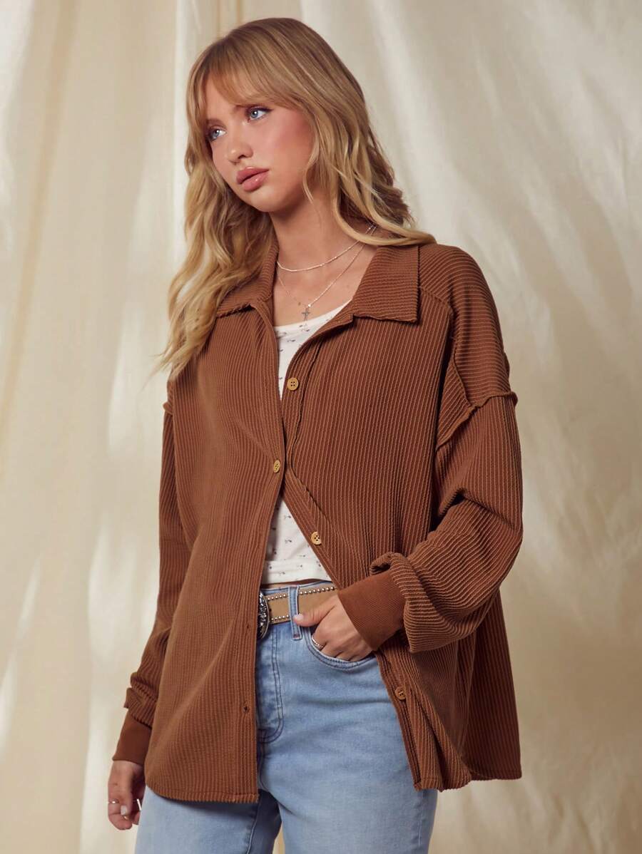 WESTFADE Áo sơ mi kiểu Tây tay dài cài nút cổ bẻ thời trang xuân hè Nashville, đường may hở - màu nâu - Xem 1