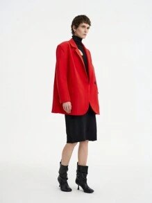 Aalyst Women Winter Going Out, Dating, Party, Valentine's Day, New Year's Christmas Fashion Simple Elegant Woven Red Long Sleeve Lapel Contrast Button Pocket Loose Regular Suit Jacket For New Year Clothes - Red - View 3