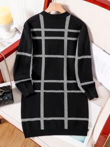 Tween Girl Classic Round Neck Long Sleeve Mid-Length Elegant Dress, Girls Autumn Outfit Plaid Mid-Length Knitted Long Dress, Girls Autumn Outfit - Black - View 2
