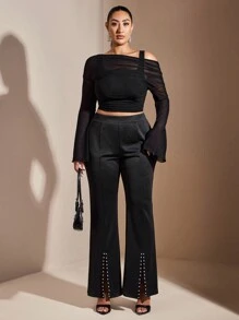 SHEIN BAE Plus Size Women's Black Slit Hem Pearl Decorated Skinny Flared Trousers,High Waist Pants For Autumn,70's Style Dinner Party,Elegant Work Wear, Y2K - Black - View 2