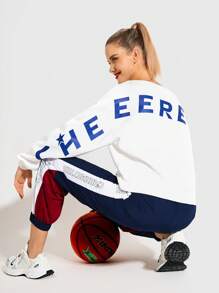 Cheerettes Letter Print Round Neck Casual Versatile Thermal Lined Long Sleeve Sweatshirt For School & Cheerleader
