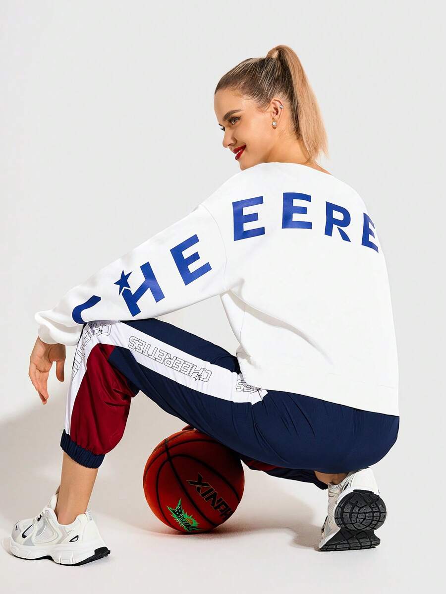 Cheerettes Letter Print Round Neck Casual Versatile Thermal Lined Long Sleeve Sweatshirt For School & Cheerleader