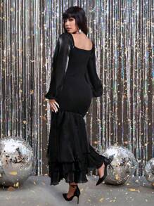 Allurite 浪漫优雅黑色长袖美人鱼下摆甜美连衣裙长款女装 - 黑色 - 查看 2