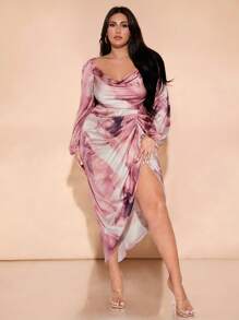 SHEIN BAE 大码女式优雅派对/约会性感垂坠领垂坠不对称下摆开衩长袖连衣裙，万圣节派对扎染色块印花缎面 - 藕粉色 - 查看 5