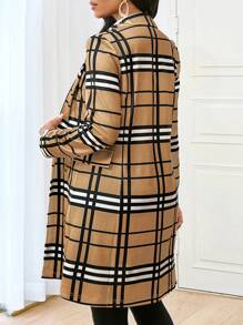 SHEIN Lady 秋冬工作黑色格纹单件袖女式风衣 - 咖啡棕 - 查看 2