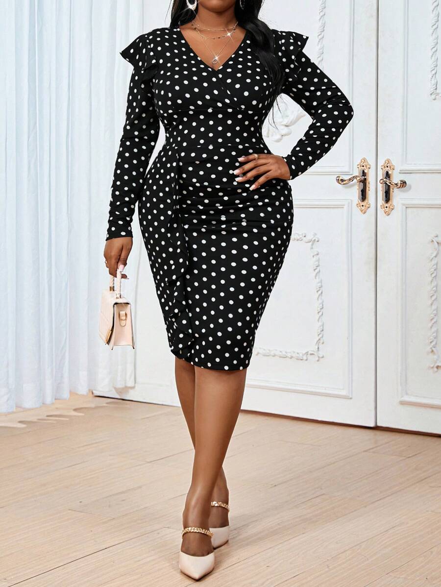 SHEIN Lady 秋冬优雅休闲工作派对黑白波尔卡圆点美人鱼露肩女装大码连衣裙
