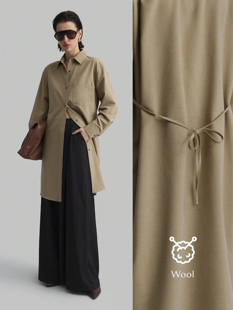 Turndown Collar Long Sleeve Mid-Length Basic Casual Beige Shirt, New Year French Style Long Sleeve Top, Outer Wear, Holiday, Containing 3% Wool, Daily Wear Long Sleeve Shirt, Mid-Length Beige Ladies Shirt, Turndown Collar Long Sleeve Long Shirt, Autumn/Winter