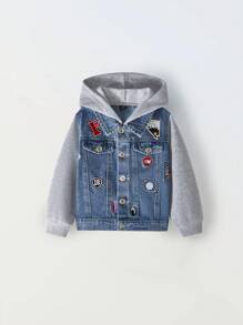 Young Boy Streetwear Casual College Style Planet Embroidered Personalized Splice Quilted Hooded Dark Blue Denim Jacket - Medium Wash - View 1
