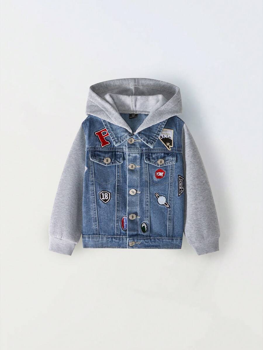Young Boy Streetwear Casual College Style Planet Embroidered Personalized Splice Quilted Hooded Dark Blue Denim Jacket - Medium Wash - View 1