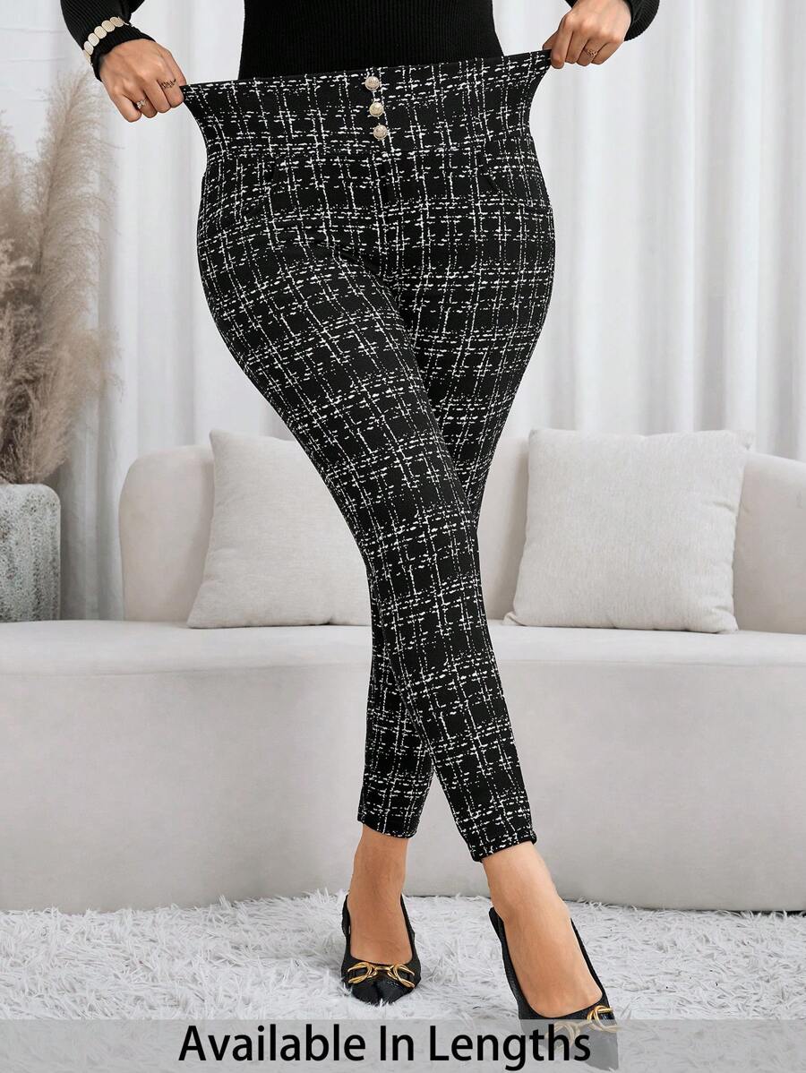 SHEIN PETITE CURVE Plus Size Women's Elegant Plaid Button Decor Skinny Fashionable Pants Winter For New Year - Black - View 1