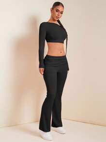 SHEIN SXY 2 piezas Conjunto de top casual de manga larga y cuello redondo de color liso, y pantalones para mujer