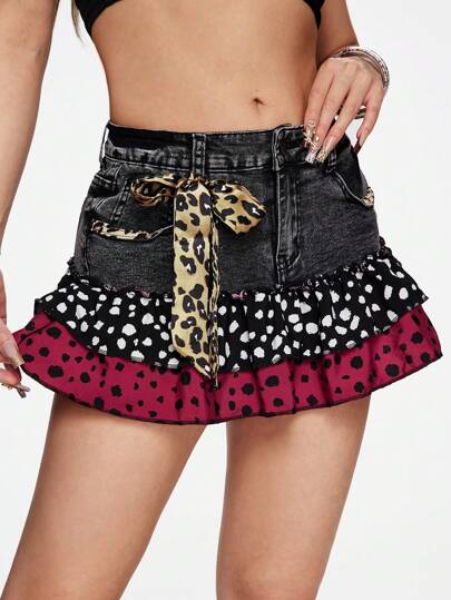 J-Fashion Y2K Harajuku Polka Dot Patchwork Denim A-Line Mini Skirt