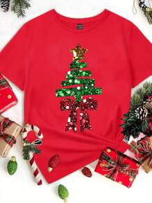 SHEIN LUNE Christmas Casual Christmas Tree & Star Print Round Neck Short Sleeve Loose T-Shirt For Women, Suitable For Autumn/Winter, Gifts