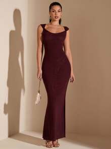 SHEIN BAE Elegante vestido ceñido de color burdeos sexy con espalda descubierta, tirantes cruzados y volantes en el bajo, adecuado para citas diarias, salidas, reuniones en clubs nocturnos y fiestas