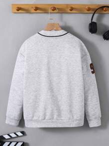 SHEIN Áo nỉ dệt kim cổ chữ V rộng rãi, có khóa kéo nửa, họa tiết miếng vá thường ngày cho bé trai tuổi mới lớn, mùa đông, nâu, xám - Màu Xám nhạt - Xem 2