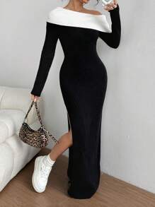 Flirla Women's Fashionable Bodycon Sexy Contrast Color Asymmetrical Neck High Slit Sweater Dress Fall Cloth For Women - Multicolor - View 1