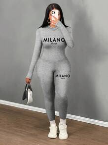 Slaydiva MILANO Casual Minimalist Letter Print Long Sleeve Tight Fit T-Shirt And Tight Fit Leggings 2 Pieces Set, Suitable For Spring Women Two Pieces Outfit 2 Pieces Lounge Set Women Long Sleeve Two Pieces Set Two Pieces Set Women Grey Two Pieces Set,Fall - Light Grey - View 1