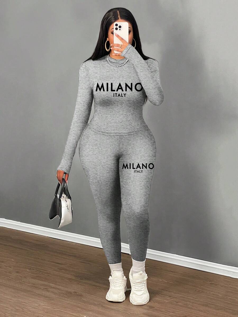 Slaydiva MILANO Casual Minimalist Letter Print Long Sleeve Tight Fit T-Shirt And Tight Fit Leggings 2 Pieces Set, Suitable For Spring Women Two Pieces Outfit 2 Pieces Lounge Set Women Long Sleeve Two Pieces Set Two Pieces Set Women Grey Two Pieces Set,Fall - Light Grey - View 1