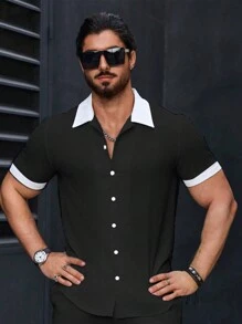 Manfinity Homme Camisa holgada de ajuste informal de un solo botonadura de manga corta con bloques de color para hombres - Blanco y Negro - Ver 7