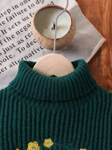 Girls' Retro Countryside Style Bee Embroidered High Neck Knitted Sweater - Green - View 4