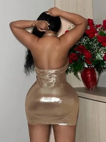 Slaydiva Women's Party & Street Mini Halter Neck Dress - Champagne - View 2