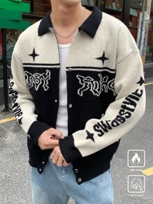 Manfinity Hypemode Men's Color Contrast Letter Print Drop Shoulder Long Sleeve Casual Cardigan, Autumn/Winter