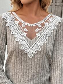 EMERY ROSE Damen Gerippter Kontrast Spitze Transparenter Stickerei Mesh Yoke Langarm Strickpullover für Herbst