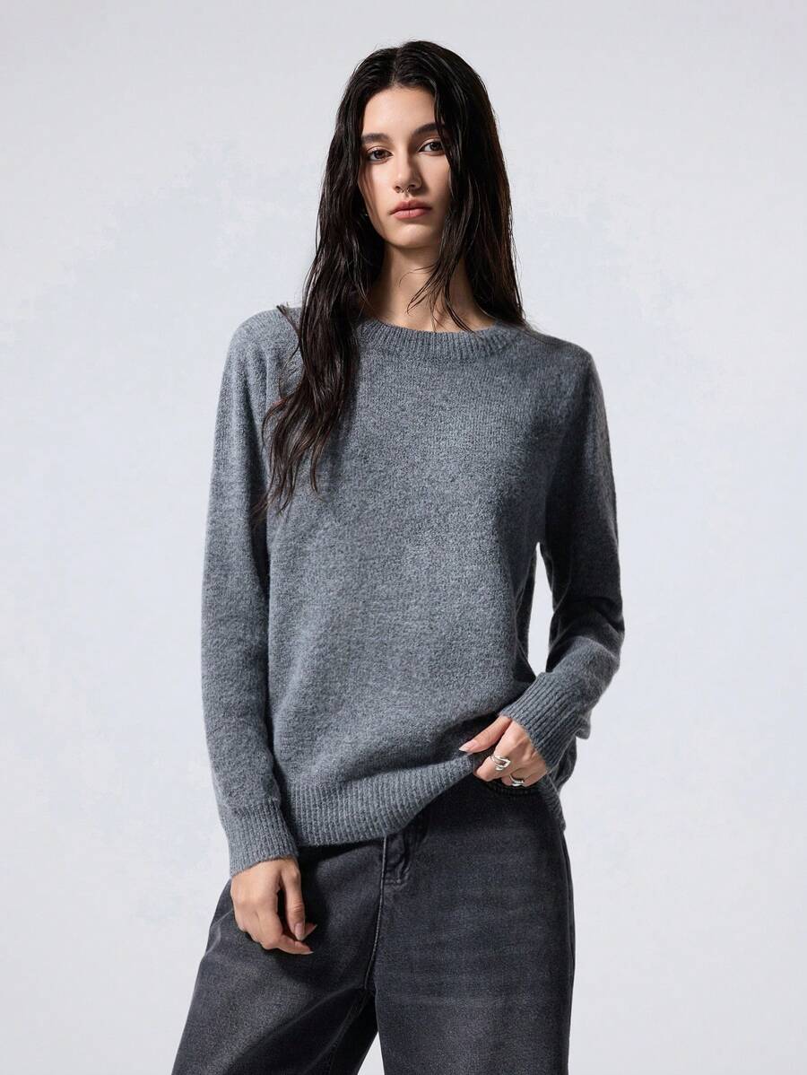 LYSMO 女士休闲纯色圆领毛衣，秋冬 - 深灰色 - 查看 1