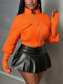 Slaydiva Women's Casual Solid Color Cropped Padded Coat, Autumn/Winter - Orange - View 6