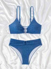 SHEIN Swim Conjunto de bikini elegante con tirantes finos y acabado brillante para mujeres, ideal para el verano