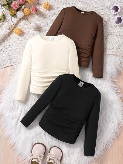 Set de 3 camisetas casuales ajustadas de cuello redondo y fruncidas de color liso para niñas jóvenes