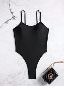 Swim SXY 1 pièce de maillot de bain sexy pour dames avec un dos nu croisé en tissu brillant noir unicolore pour l'été