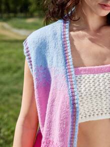 Skyraze Women Casual Everyday Ombre Color Knit Cardigan Vest,Gradient Pattern