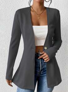 Chiquease Women Casual Commuting Solid Color Waist Fitted Blazer - Grey - View 1