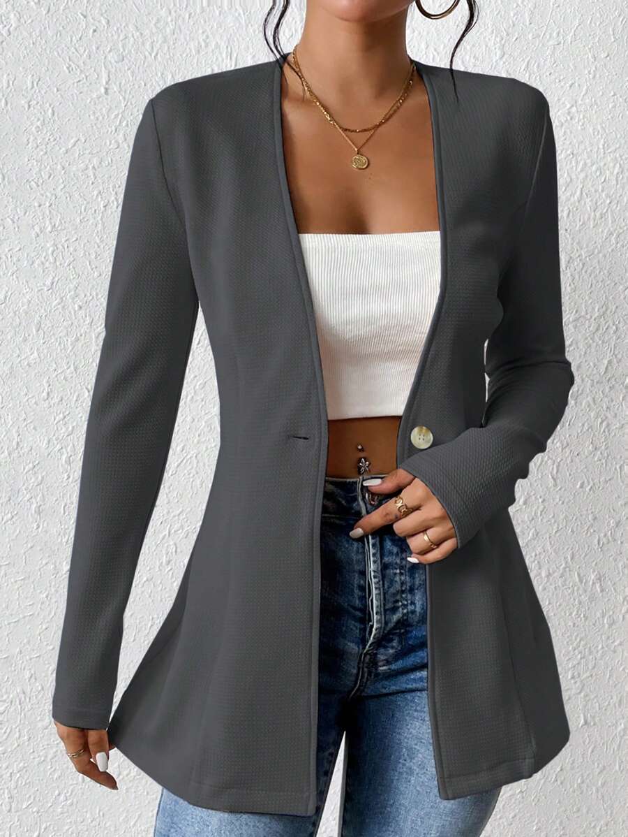Chiquease Women Casual Commuting Solid Color Waist Fitted Blazer - Grey - View 1