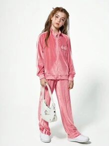 SHEIN Conjunto de 2 piezas para niña preadolescente casual y de moda, compuesto por sudadera con capucha con cremallera y bordados de lazos, y pantalones, para el otoño
