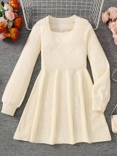 SHEIN Teen Girl White/Autumn/Winter/Elegant Casual/Square Neck Pattern Long Sleeve Lantern Sleeve Waist Dress