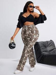 SHEIN SXY Plus Size Leopard Print Stretch Denim Flare Pants - Multicolor - View 3
