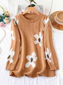 SHEIN LUNE Damen Große Größen Floral Jacquard Loose Langarm Pullover Strick Pulli Herbst Winter - Kamelfarben - Übersicht 6