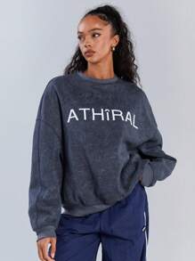 Athîral 女士字母印花圆领长袖运动衫，休闲日常穿着 - 深灰色 - 查看 5