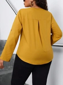 SHEIN PETITE CURVE 大码女式纯色圆领卷袖宽松衬衫 - 黃色 - 查看 2