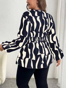 Celure Long Sleeve Wrap Collar Criss-Cross Umbrella Hem Geometric Print Shirt Peplum Top