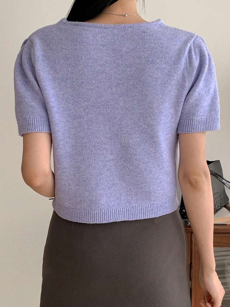 Floral Chiffon Fitted Short Sleeve Knitted Round Neck Blouse For Women,Fall Clothes