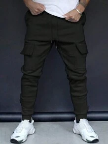 Manfinity Homme Men's Plain Front Tie Pocket Simple Sweatpants, Casual Everyday Wear - Black - View 1