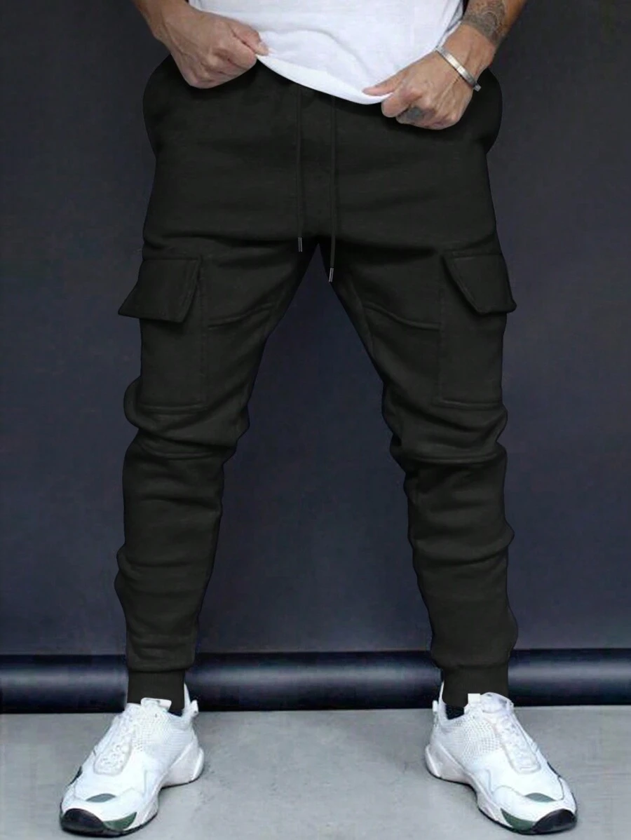 Manfinity Homme Men's Plain Front Tie Pocket Simple Sweatpants, Casual Everyday Wear - Black - View 1