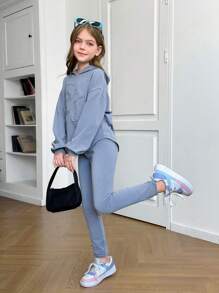 Tween Girl 2 件/套休闲纯色 3D 熊图案连帽衫 T 恤和弧形下摆 T 恤和紧身裤套装，非常适合秋冬季休闲、日常穿着和上学 - 藍色 - 查看 4