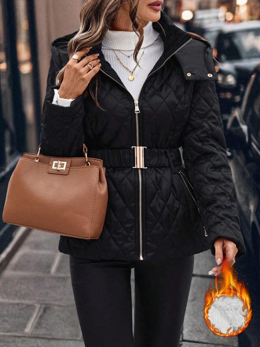 SHEIN Clasi Curvy Plus Size Women's Black Solid Color Elegant Long Sleeve Zipper Casual Hooded Coat With Metal Belt, Suitable For Cold Winter, Going Out,Winter Clothes For Women Fall Autumn - Black - View 1