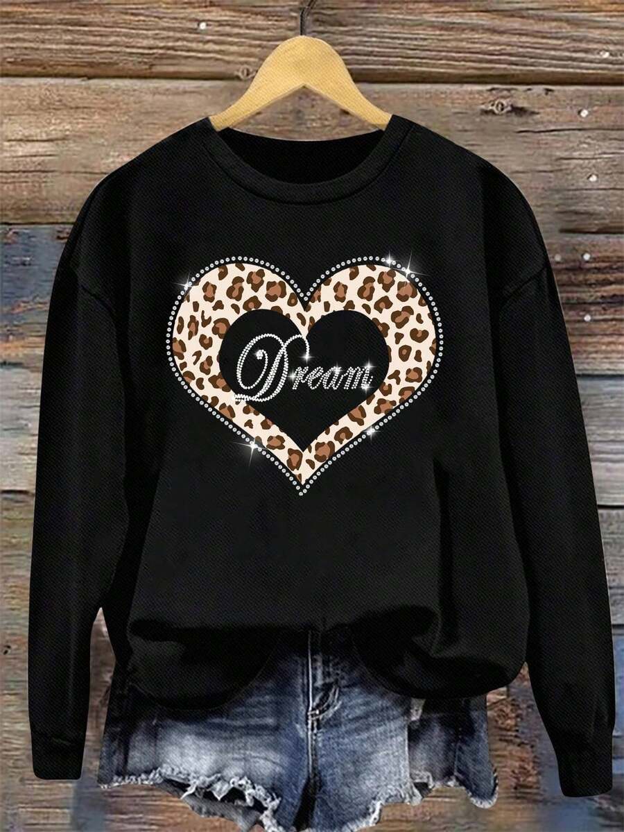 EMERY ROSE Áo nỉ dài tay cổ tròn họa tiết da báo in hình trái tim đơn giản tối giản dành cho nữ, mùa thu/đông - màu đen - Xem 1